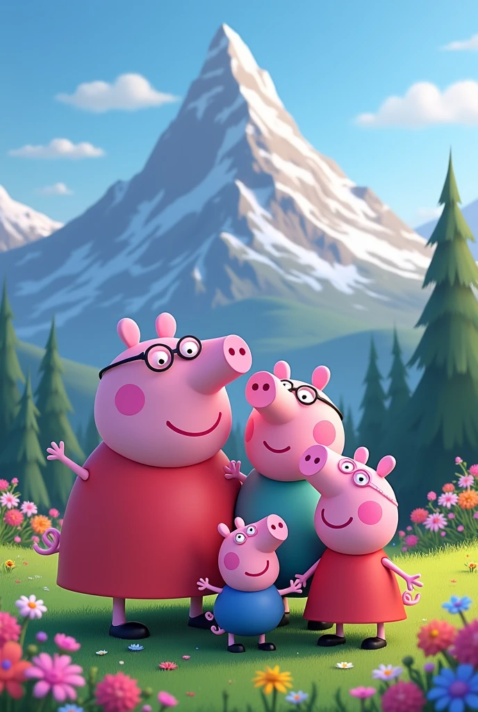 Peppa pig with family mountain behind with beautiful flowers