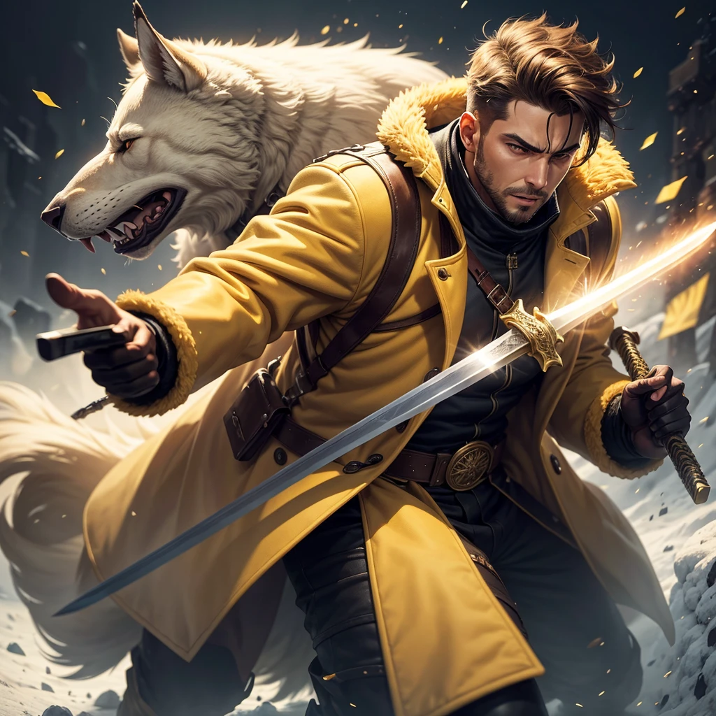one  men, with a big, furry yellow coat, in fighting position , with a sword 