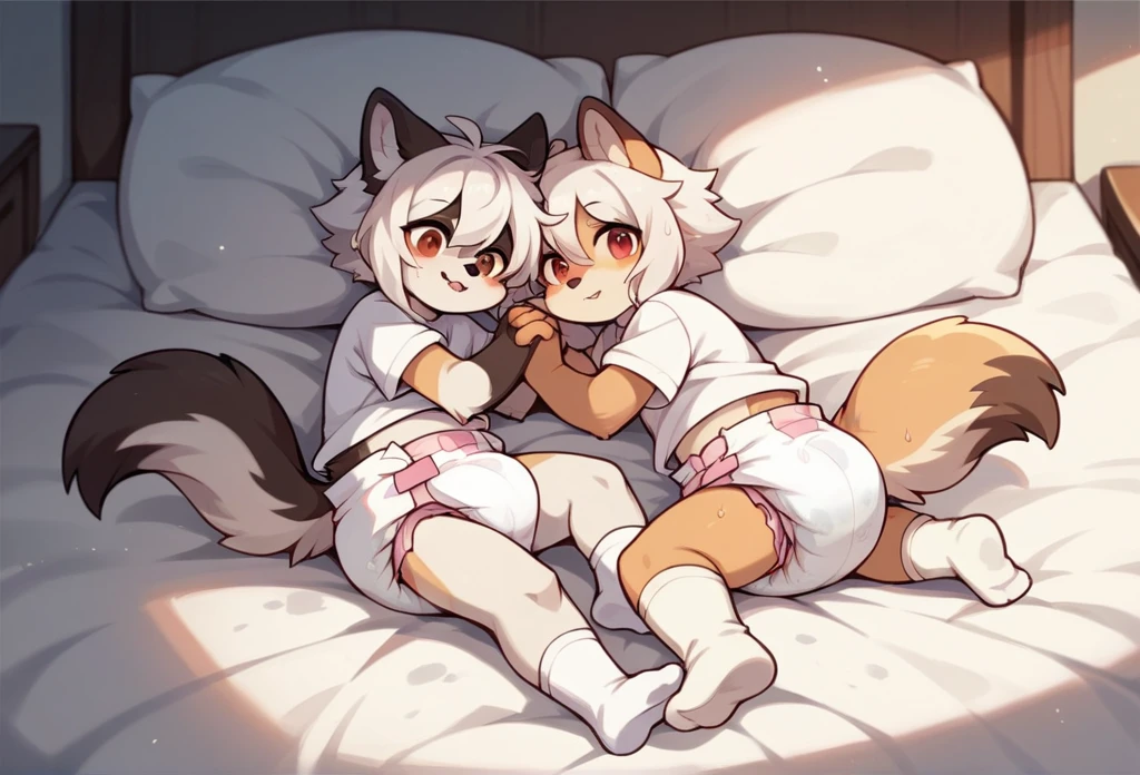 furry，（Two cute wolf boys & girl），Hold together，White hair，Wearing cute diapers，Short white socks，White short sleeve，Lying in bed，Wet diaper，protrait photo，HD