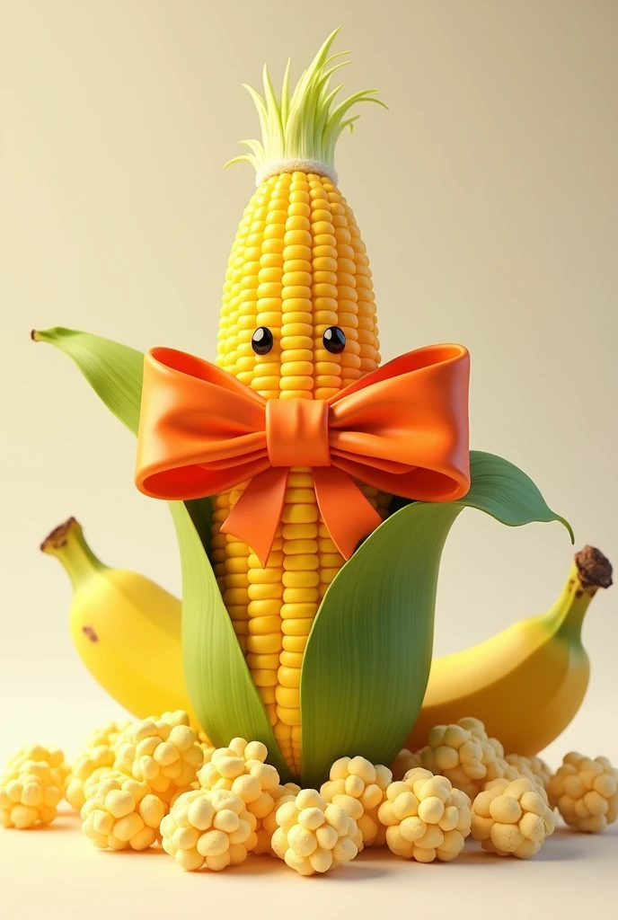 Corn with a big bow on its head, popcorn and banana with hair 