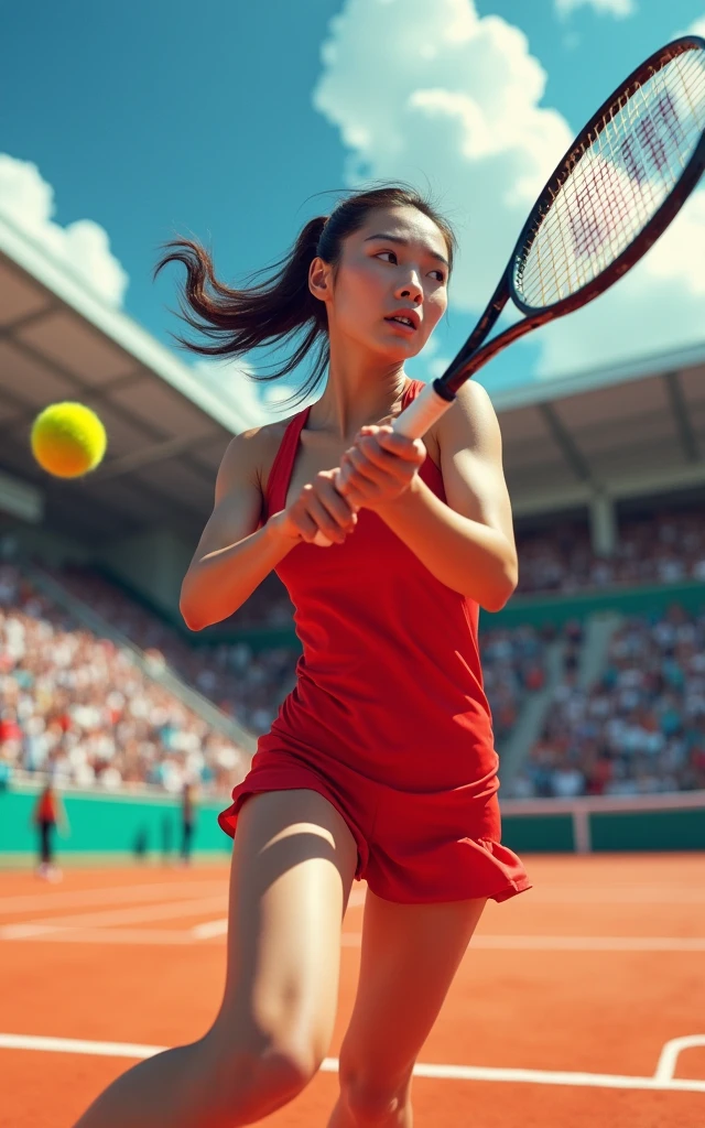 Ultra-high resolution，High-resolution details，Olympic women&#39;s tennis，Red outfit，full-body shot，Panoramic vistas，Wide-angle lens，20-year-old Korean girl，cute，Fair skin，The facial features are delicate，Beautiful sexy face，Swing the tennis racket with all your might，Catch the ball，spike，Large range of motion，exaggerate，Stimulate，The picture is super beautiful，Olympic Games background，Full audience，The atmosphere was enthusiastic and high
