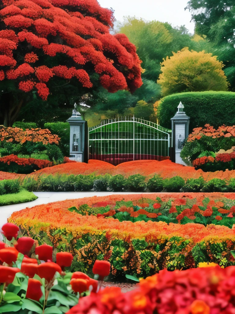 there is a gate in the middle of a garden with red flowers, flame shrubs, in red gardens, cottagecore flower garden, red blooming flowers, autumn overgrowth, glimpse of red, vibrant but dreary red, in a cottagecore flower garden, vibrant red and green colours, beautiful composition, with soft bushes, overgrown with flowers