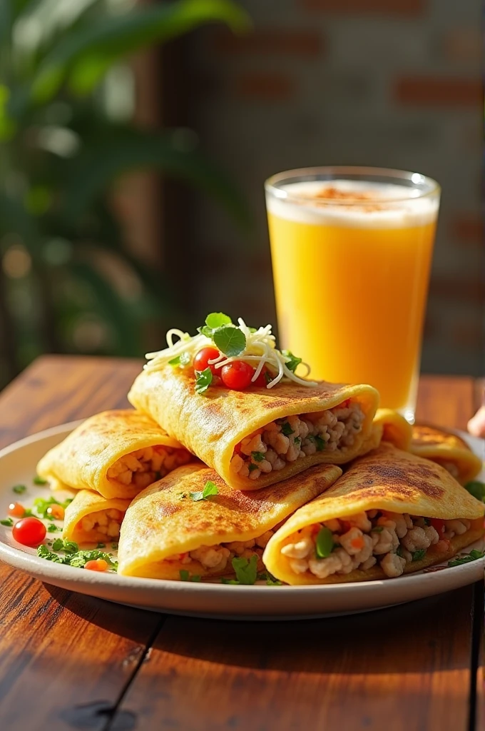 A plate of pupusas with a glass of corn atol 