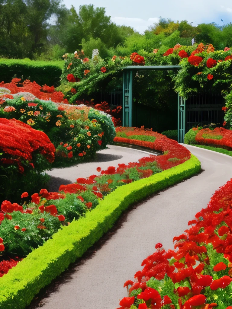 there is a gate in the middle of a garden with red flowers, flame shrubs, in red gardens, cottagecore flower garden, red blooming flowers, autumn overgrowth, glimpse of red, vibrant but dreary red, in a cottagecore flower garden, vibrant red and green colours, beautiful composition, with soft bushes, overgrown with flowers