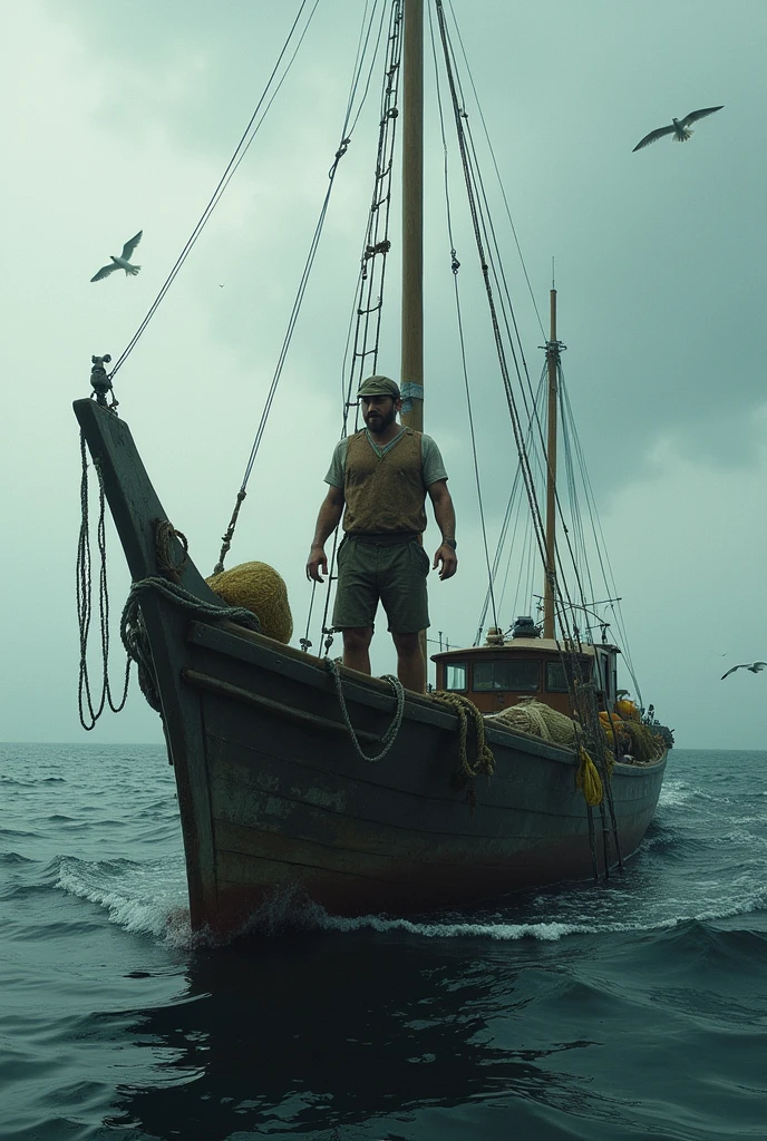 Messi as a poor fisher.fishing with a big boat in the middle of the sea.