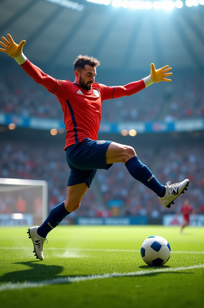 Soccer goalkeeper saving a ball with a red shirt and blue pants and an orthopedic boot