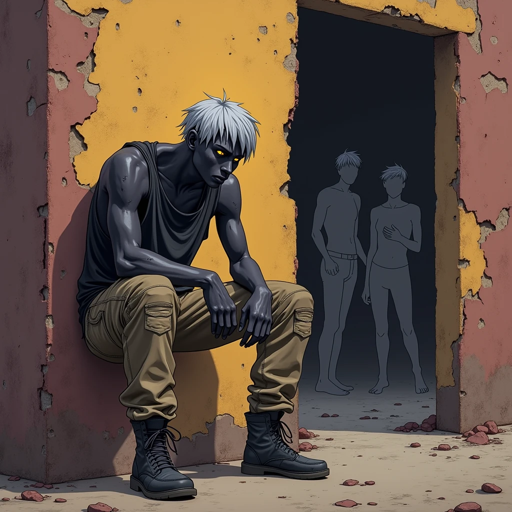 Kenshi art style, the colour scheme is tans browns reds and oranges, post-apocalyptic young adult human with dark pitch-black skin and short length silver hair wearing a dirty loose fitting black tank top and tan torn cargo pants. He is thin but not sickly. He has small grey scars across his arms and one on his face. His eyes are golden and dimly glowing as he stands with his back pressed against a decrepit wall of a house, hiding from two shadowed silhouettes on the other side who are conversing with one another