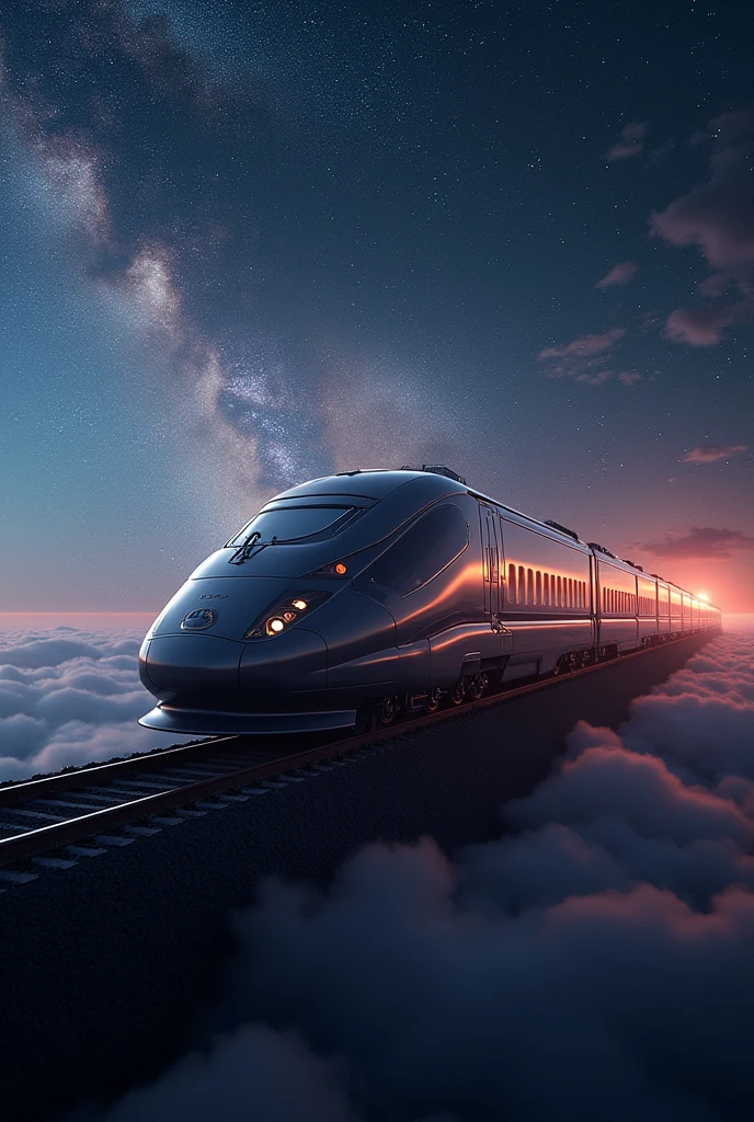 train-shaped spaceship,10-car train,(beautiful機体:2.0),(background is outer space and the Milky Way:1.6),masterpiece,best quality,Ultra-high resolution,(Very detailed),8K,Practical,Best aesthetics,beautiful,(Dynamic)