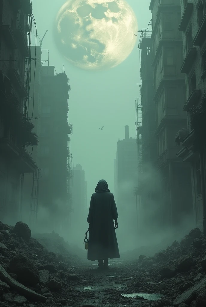 No fundo, a city in ruins with rubble and fog, mens, Em primeiro plano, a broken glass and a smoking pipe. At the top, shadows of people in moments of ecstasy and despair merge with a silhouette of sun and moon locked in battle.