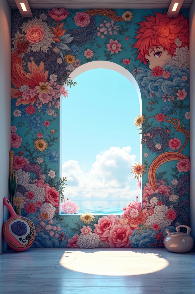A wall with anime wallpaper design and a window in centre