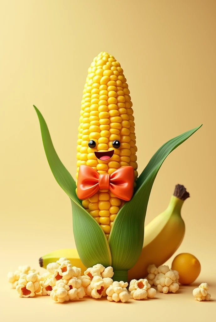 Corn with big bow, popcorn and banana