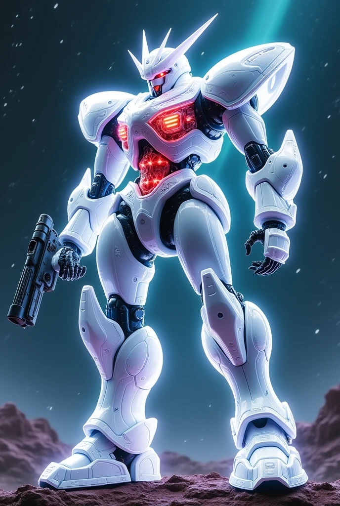 masterpiece, best quality, san francisco, Standing in space、 Hyperdimensional、Fluorescent filament、Beast Design、(Translucent armor, Visible internal mechanism):1.2、(White transparent base, Navy blue joints, Red internal mechanism)、(Chest wave gun、Shoulder beam launcher)、