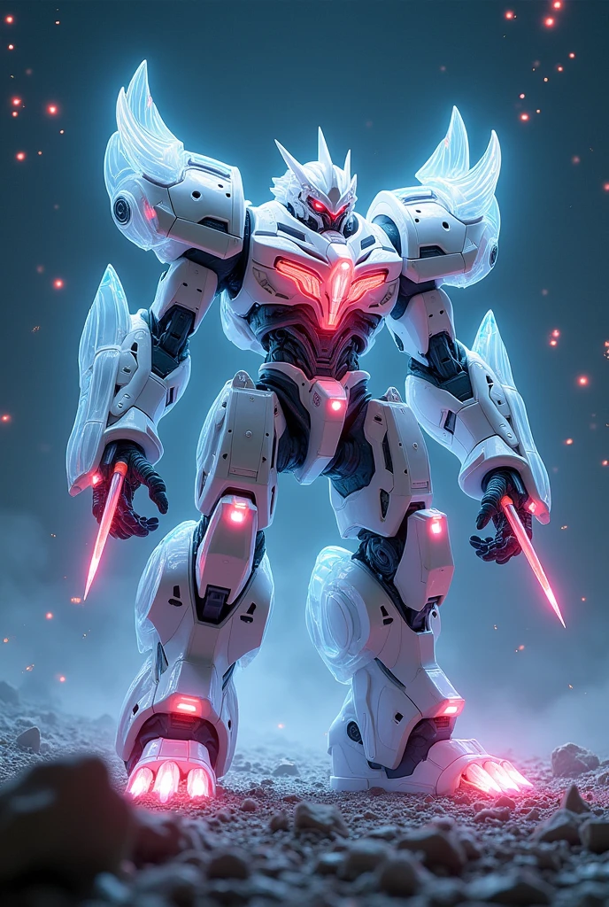 masterpiece, best quality, san francisco, Standing in space、 Hyperdimensional、Fluorescent filament、Beast Design、(Translucent armor, Visible internal mechanism):1.2、(White transparent base, Navy blue joints, Red internal mechanism)、(Chest wave gun、Shoulder beam launcher)、