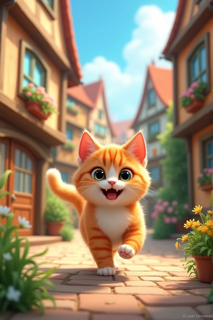 Cheerful Cat Miaow**: Miaow, a cute and happy cat, playing in the village.