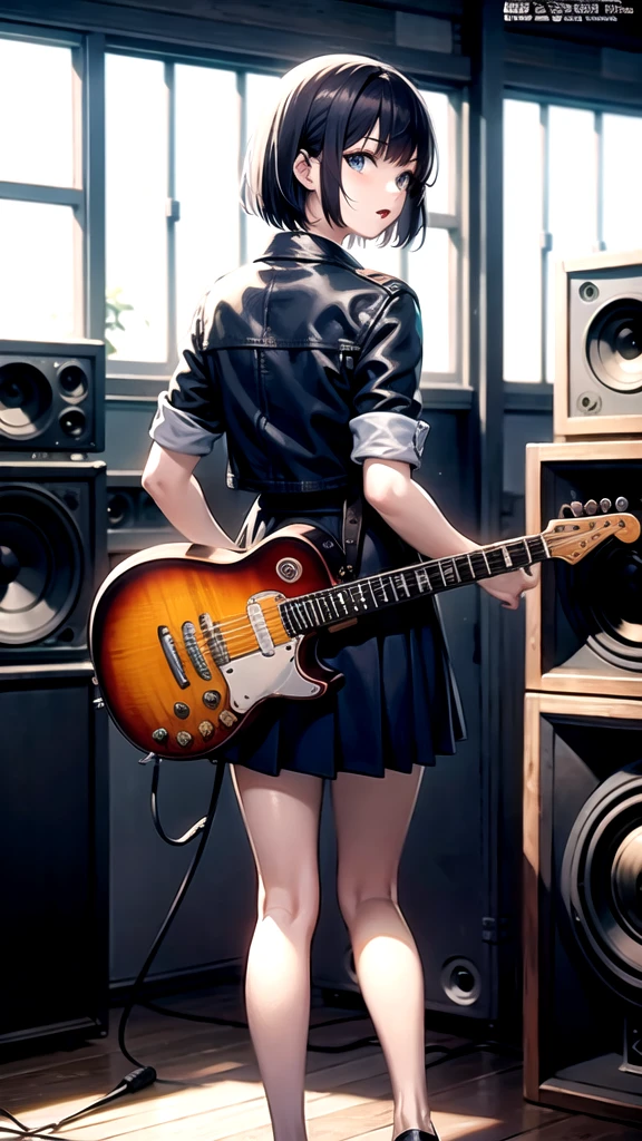Ultramarine short bob high school girl,Blue eyes,Leather jacket,Highest quality,live house,Amplifier,guitar ,Music Magazines,title「Lumina mania」,Rock musician, (Cool expression),back,turn around