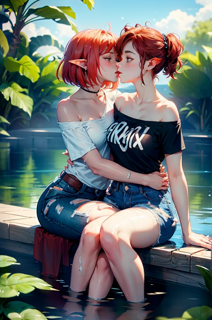2girls, one is a female elf, short red hair, blue eyes, curvy body, full pouty lips, White off the shoulder tee shirt: 1.5, blue micro denim shorts, other one is a female elf, short blonde hair, blue eyes, slim body, full pouty lips, Black tee shirt, blue denim mini shorts, black heels ((Sitting in water, holding each other, kissing: 1.6))