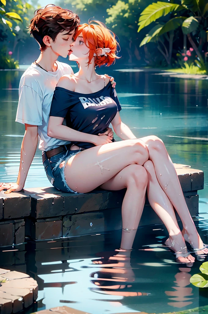2girls, one is a female elf, short red hair, blue eyes, curvy body, full pouty lips, White off the shoulder tee shirt: 1.5, blue micro denim shorts, other one is a female elf, short blonde hair, blue eyes, slim body, full pouty lips, Black tee shirt, blue denim mini shorts, black heels ((Sitting in water, holding each other, kissing: 1.6))