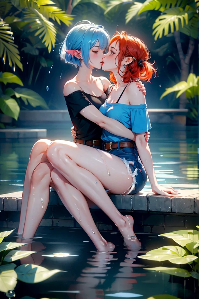 2girls, one is a female elf, short red hair, blue eyes, curvy body, full pouty lips, White off the shoulder tee shirt: 1.5, blue micro denim shorts, other one is a female elf, short blonde hair, blue eyes, slim body, full pouty lips, Black tee shirt, blue denim mini shorts, black heels ((Sitting in water, holding each other, kissing: 1.6))