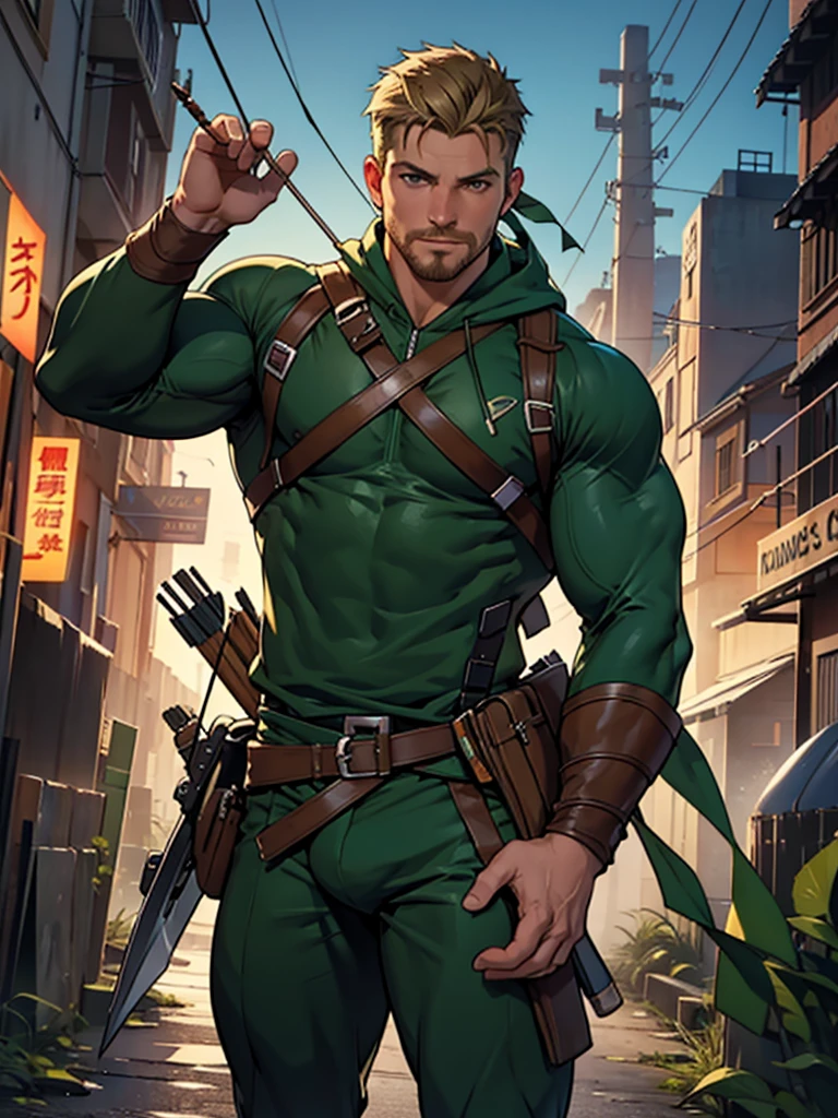 NSFW, 32k, high quality , detailed face , detailed fingers ,detailed muscles  stephen amell as green arrow , wearing blackish green outfit   , showing a dark blond short hair , a thick facial hair like daddies, a bulge ,hunk and handsome, shooting  his  arrows with a bow toward the ennemies , in action , with the quiver on his back full of arrows background sky and city at night 