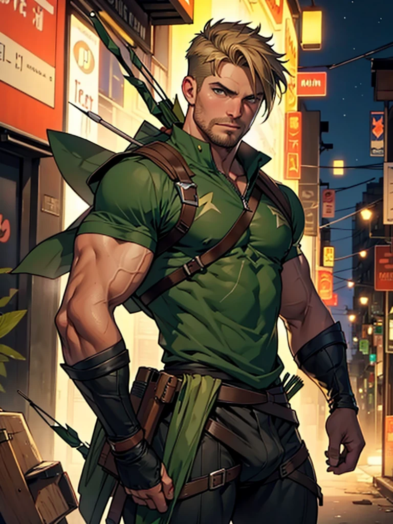 NSFW, 32k, high quality , detailed face , detailed fingers ,detailed muscles  stephen amell as green arrow , wearing blackish green outfit   , showing a dark blond short hair , a thick facial hair like daddies, a bulge ,hunk and handsome, shooting  his  arrows with a bow toward the ennemies , in action , with the quiver on his back full of arrows background sky and city at night 