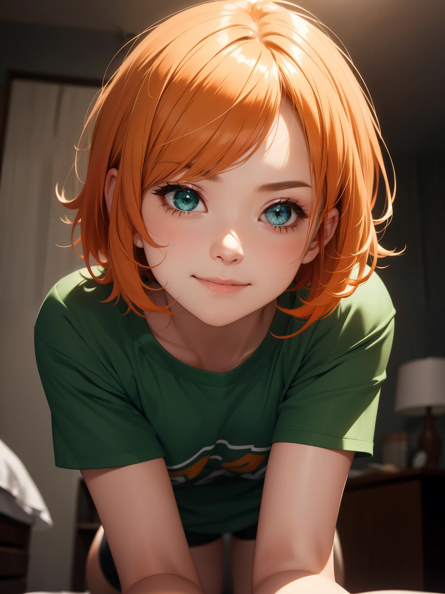 super high image, super detail, super high resolution, looking up from below, cute 18 year old girl, crawling on all fours, facial close-up, skinny, small breasts, no cleavage, highly detailed face, moist shiny lips, grinning, mischievous, light-orange hair, messy wild short hair, green sparkling eyes, glossy dark eyeshadow, shiny skin, collar, t-shirt, night time, bedroom, bokeh, smoky, foggy, photographic