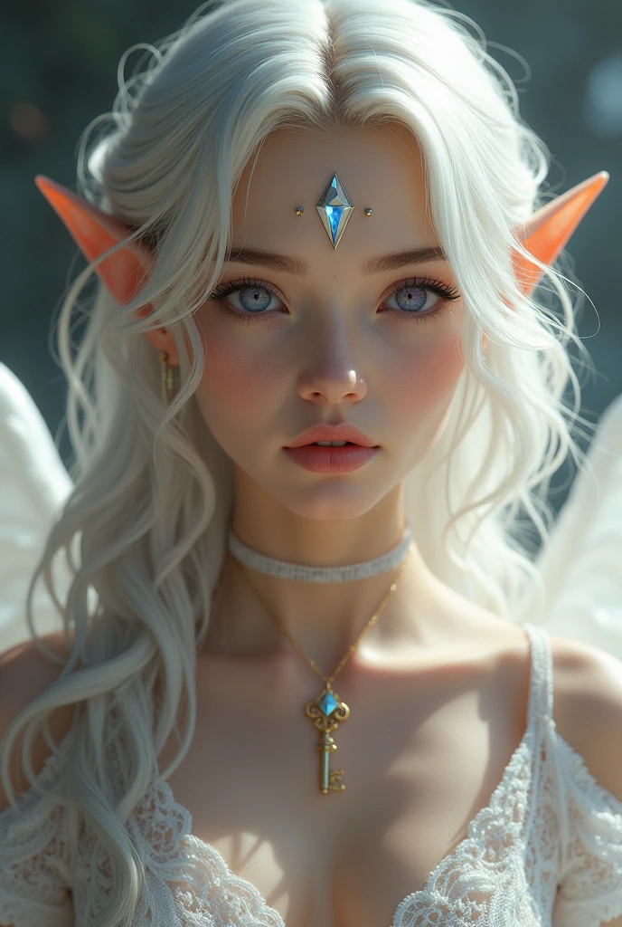 FEMALE with LIGHT PURPLE doe eyes, platinum blonde hair but long and slightly curly and SMALL elf ears with a tiny crystal diamond shaped SILVER gem on her forehead in the middle, pretty, sexy, fair skin very sensual and vixen like. MODEST. Plump lips, long lashes, beautiful. Angelic. Gorgeous. Small waist, Thigh gap, Wide hip, Bubble butt, Big perky breasts. Golden keys in her hand