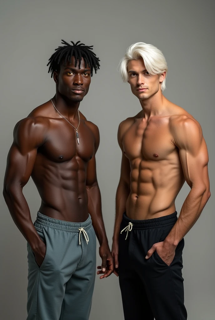 Attractive 2 man with height of 192 cm, athletic body, black skin, Waist-length white hair, Yellow eyes with comfortable clothes and a warm smile