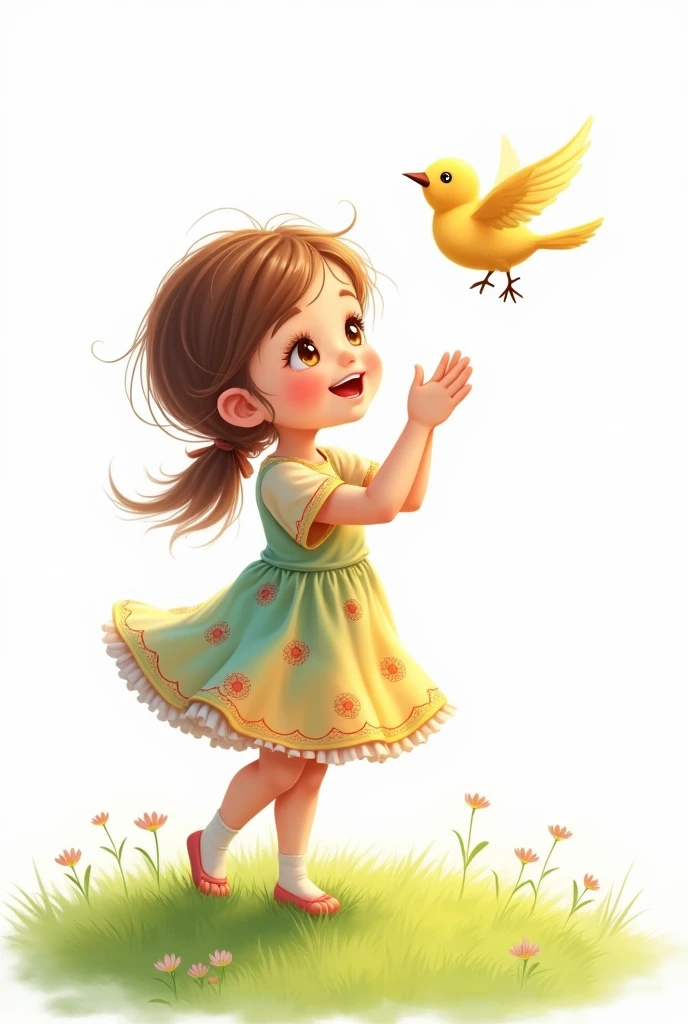 white background,cute liitle girl standing on grass,rais her hands to little bird,little bird flying,cute colorful frock wearing girl,smilling face
