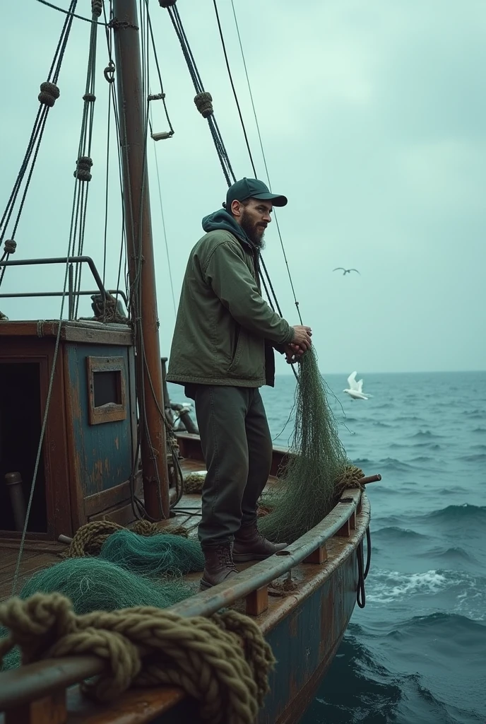 Messi as a poor fisher.fishing with a big boat in the middle of the sea.