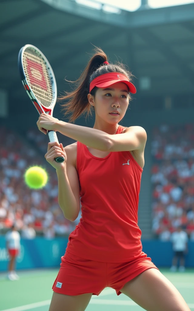 Olympic women&#39;s tennis，Red outfit，full-body shot，Panoramic vistas，Wide-angle lens，20-year-old Korean girl，cute，Fair skin，The facial features are delicate，Beautiful sexy face，Swing the tennis racket with all your might，Catch the ball，spike，Tense and stimulating，Olympic Games background，Full audience，The atmosphere was enthusiastic and high