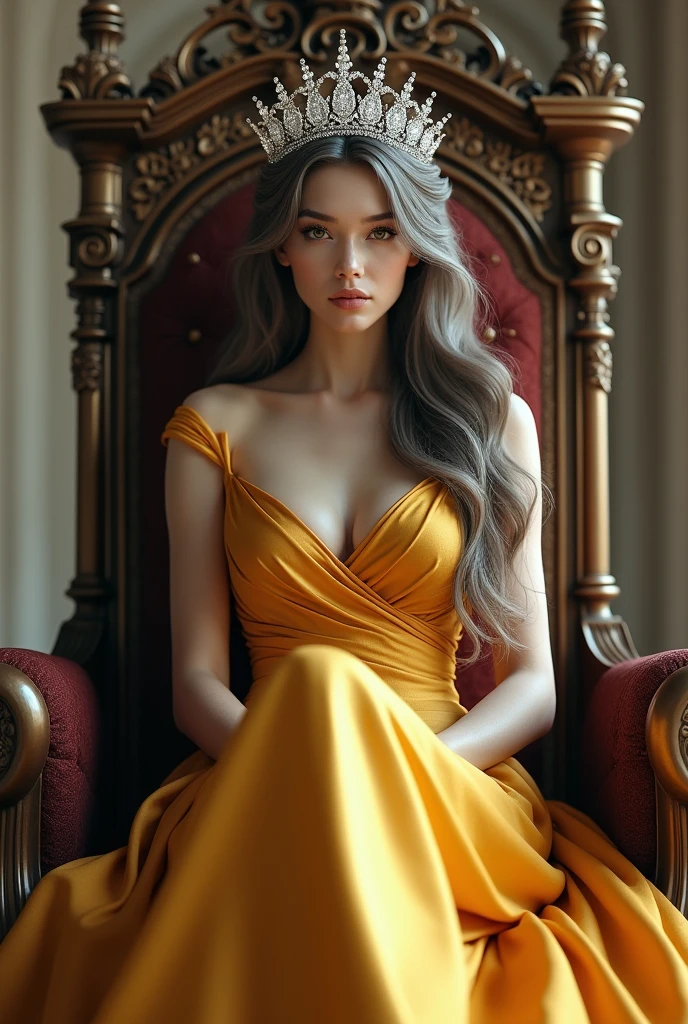 woman, long gray brown hair, medium bust, silver crown, shiny smooth gold dress, sitting in a large queen chair, legs crossed, looking at the camera, photorealistic