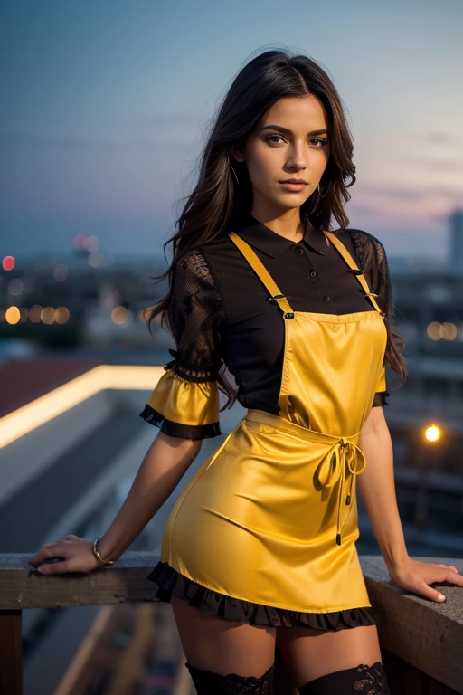 Slim woman on a roof at night. dusk .photorealistic details. The woman has dark brown, long hair and wears a skin-colored, transparent see-through mesh mini dress with polo collar and t-shirt sleeves in mustard yellow with red decorative stitching with lace and lacing .over it a red apron with ruffles. brown boots. photorealistic details. close up shot