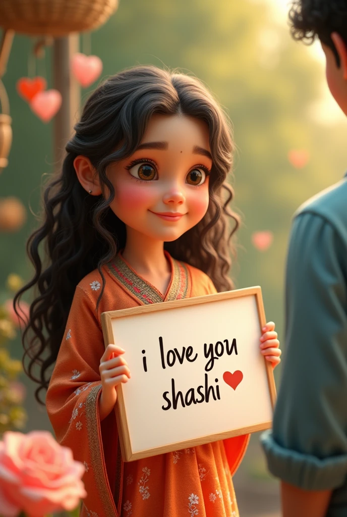 Cute girl with curly long hair, traditional dress, holding a white board with text "I love you Shashi 😘" and showing it to the boyfriend