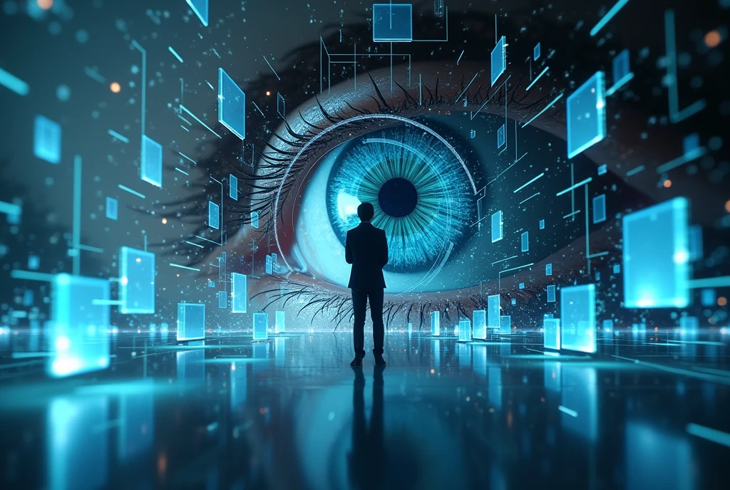 make a glass screen with countless other smaller screens and a giant human eye behind them looking at the camera