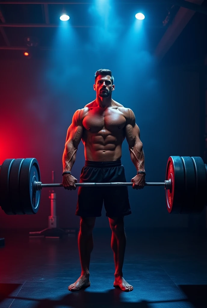 A natural body builder flexing his muscles in gym three layer photo with a blue and red mix colour light in background of the gym and doing deadlight with heavy weight 