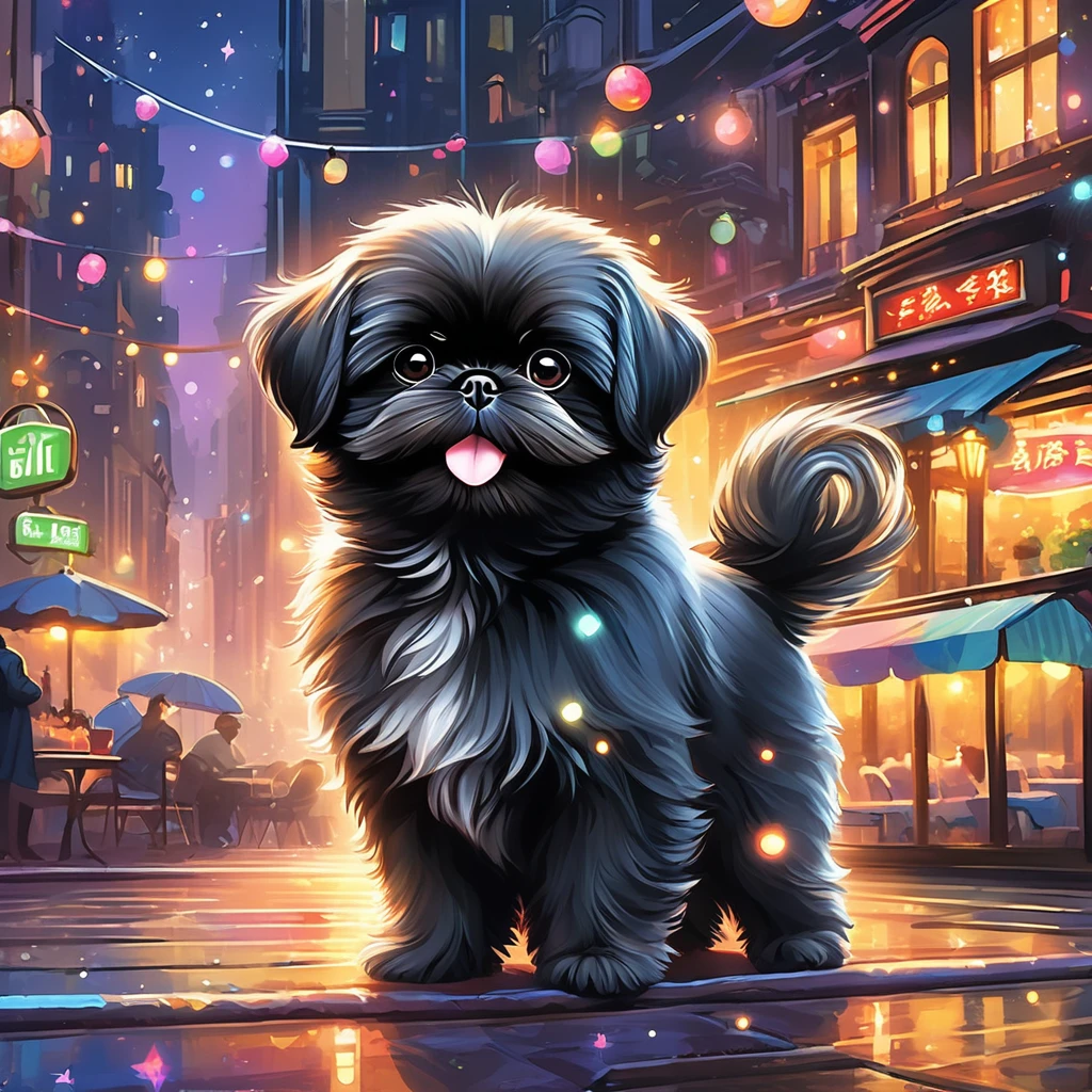 Anthropomorphic black shih tzu puppy,minuet,Cafe,warm interior,cute,fluffy fur,masterpiece,rich colors,highest quality,official art,fantasy,colorful,happy,smile,Super cute black shih tzu puppy,Fluffy,looking forward,happiness,nice background,Stylish cityscape,fun outing,fun waiting time,Sparkling,beautiful light and shadow,