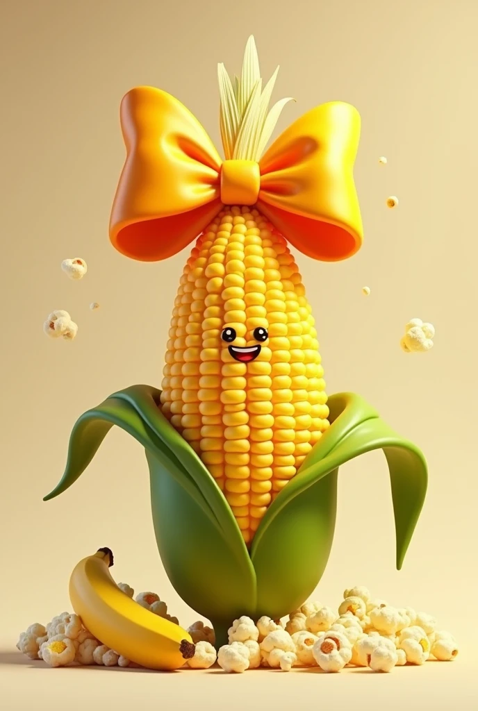 Corn with a big bow on its head, popcorn and banana 