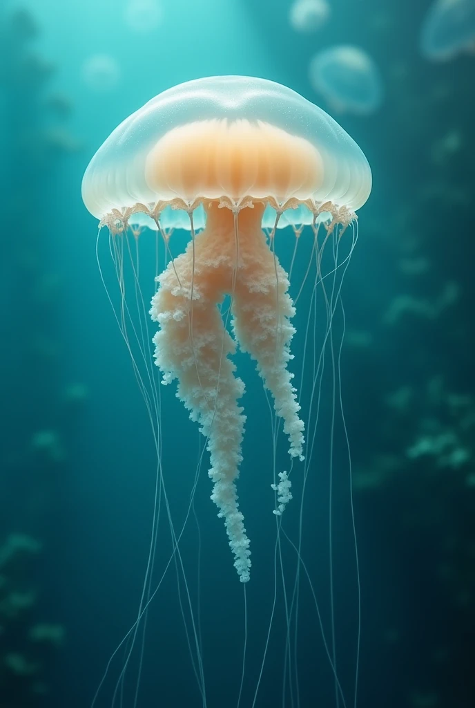 Create an image of the immortal jellyfish, Turritopsis dohrnii, regenerating and reverting to its youthful stage."4k