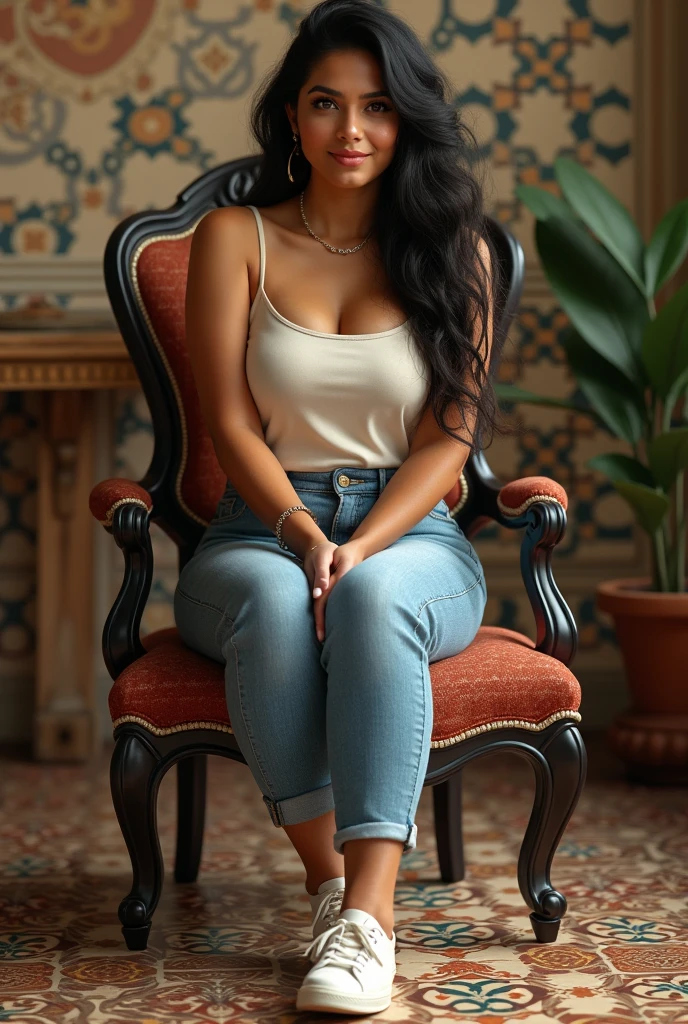 (photorealism:1.2), beautiful 35yo north indian married woman with curvy body, sitting on chair, floor tiles, wearing casyal square neck top and denim pants with matching casual shoes, intricate details, warm colors, by Greg Rutkowski, by Alphonse Mucha