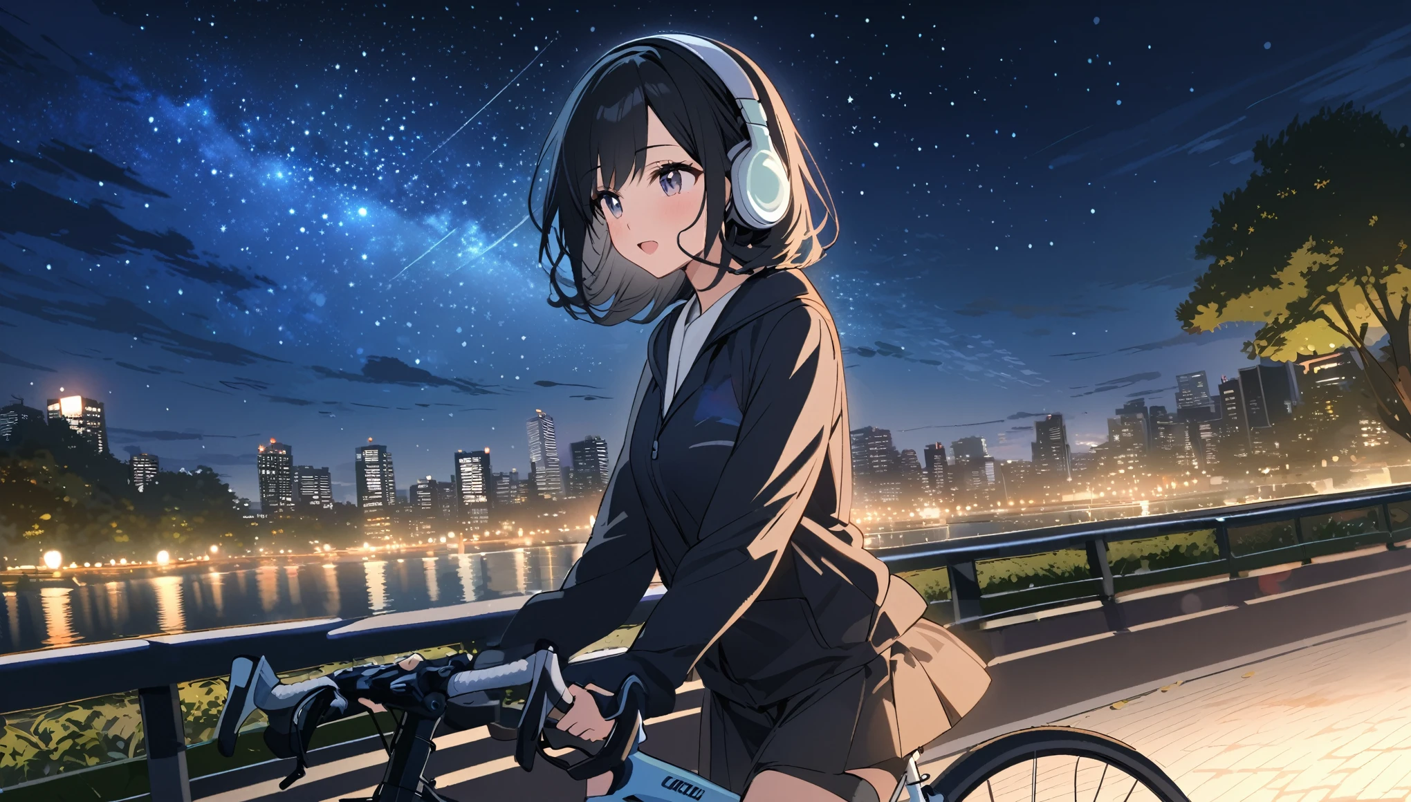 a beautiful young japanese woman with long black hair cycling through a park in tokyo at night, starry night sky, cityscape, listening to music