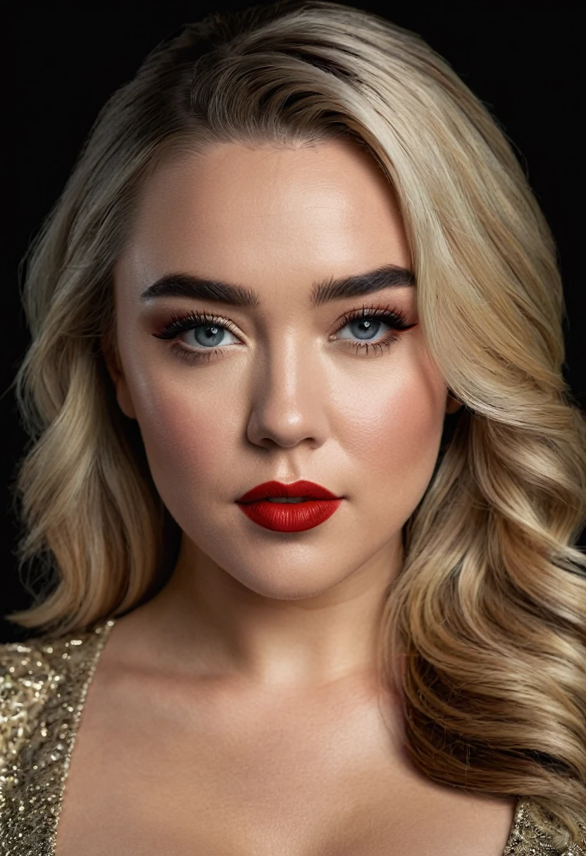 A waist-up portrait of a beautiful female whose face combines features of Florence Pugh + Jana Cova. The female has lovely makeup on her face. The female wears red lipstick. Symmetrical eyes. Symmetrical face. Lovely details. Photorealistic. Full-colored photo. Professional photo. Highly detailed 8K.