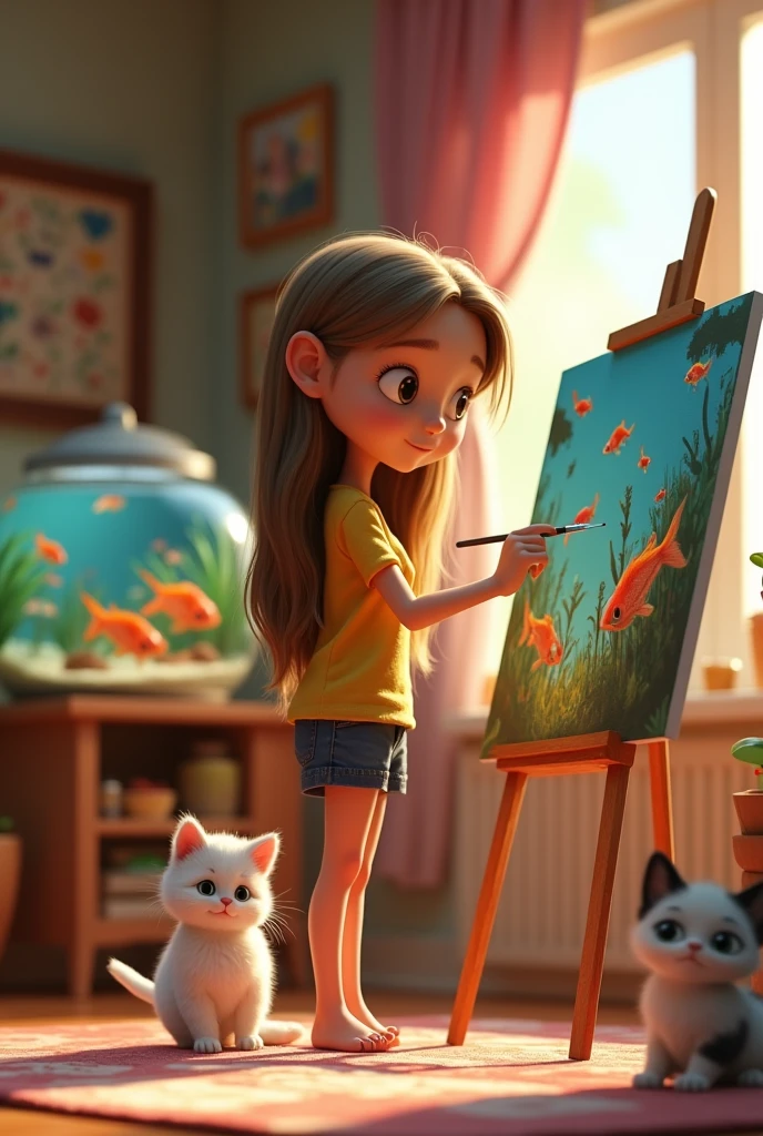 3d pixar style animation, 18 year old girl, artist, thin, white skin, long light brown hair, painting a canvas, surrounded by kittens in the room, with an aquarium with fish