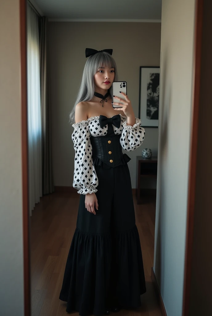 highly detailed, beautiful, hyper Realistic girl, masterpiece, best quality, Japanese sexy gravure woman, 28-years-old, identity hidden, all body shot, , takes a selfie in her room using a smartphone in front of a mirror with one hand, fashion model Posing, standing, looking away from the camera, /// gray arranged hair, light color eyes, Realistic skin, Detailed face, /// sexy Pierrot Costume, Opt for a fitted corset bodice with black and white diamond patterns, accentuating the waist, Layer with a ruffled, off-the-shoulder blouse in contrasting black and white hues, adorned with oversized bows for a whimsical touch, Pair with high-waisted black maxi skirt, featuring exaggerated ruffles or pleats for added volume and drama, Accessorize with black and white striped stockings or tights, and patent leather ankle boots with oversized buckles for a modern twist on classic clown footwear, arranged gray hair, /// Monotone simple modern taste single room, mirror, complicated background