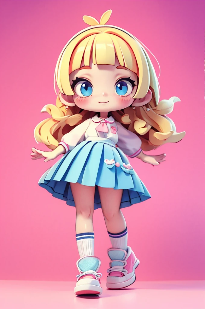 high resolution,smile,laugh,happy smile,woman,woman1人,adult,Clear,cute,
((chibi)),
blunt bangs,wavy hair,Blonde Hair,BREAK,
Light blue eyes,BREAK,
uniform,White shirt,BREAK,Pink checkered pleated skirt,BREAK,
White loose socks,White sneakers,BREAK,
ハートのヘアピンBREAK,
Facing forward,BREAK,Pink background,
