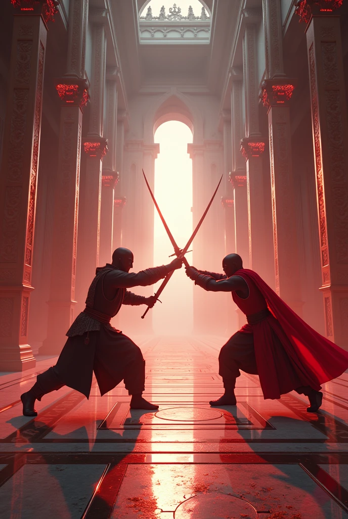 Give me a photo like a video game that has two people that day is like Red in the Vatican fighting with swords like a game