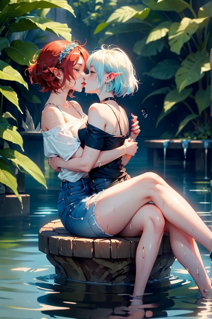 very thin girl and boy  without a shirt, Without clothing, thin, Blue eyes, white hair with red tips, wet body, spread her legs and bent her knees,  kissing 