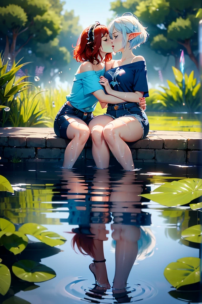 2girls, one is a female elf, short red hair, blue eyes, curvy body, full pouty lips, White off the shoulder tee shirt: 1.5, blue micro denim shorts, other one is a female elf, short blonde hair, blue eyes, slim body, full pouty lips, Black tee shirt, blue denim mini shorts, black heels ((Sitting in water, holding each other, kissing: 1.6))