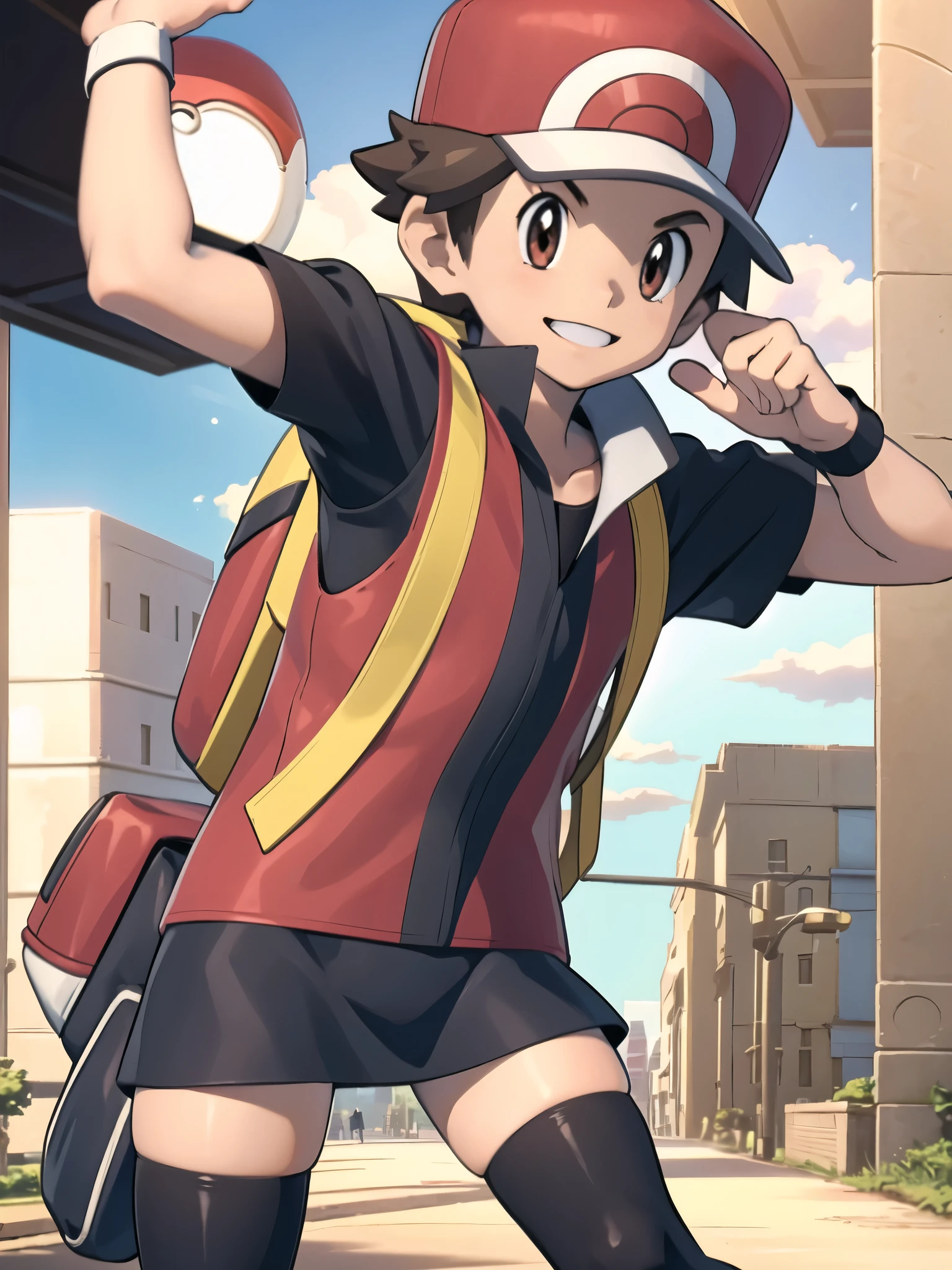 (masterpiece, best quality:1.2,ultra detailed,high resolution,zettai ryouiki),1boy,solo,red \(pokemon\),brown eyes,brown hair,backpack,hat,badge,black shirt,black wristband,jacket,short sleeves,looking at viewer,smile