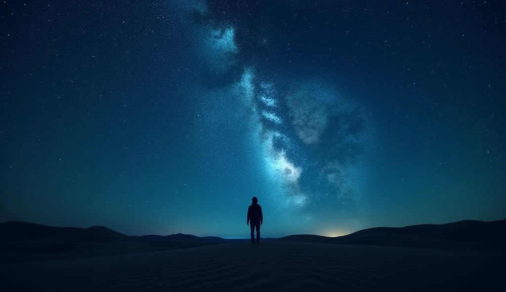 Imagine a clear night sky over a vast desert. The scene is set in a quiet, remote area with no light pollution, allowing the stars to shine brightly. The sky is a deep, velvety blue, dotted with countless twinkling stars that seem close enough to touch. The Milky Way stretches across the sky like a luminous ribbon, adding a mystical feel to the scene. The horizon is barely visible, with the desert landscape blending into the darkness, creating a sense of endless space. The atmosphere is calm and serene, with the silence of the night broken only by the occasional gentle breeze. The overall image exudes a sense of wonder and peace, capturing the vastness and beauty of the night with a person