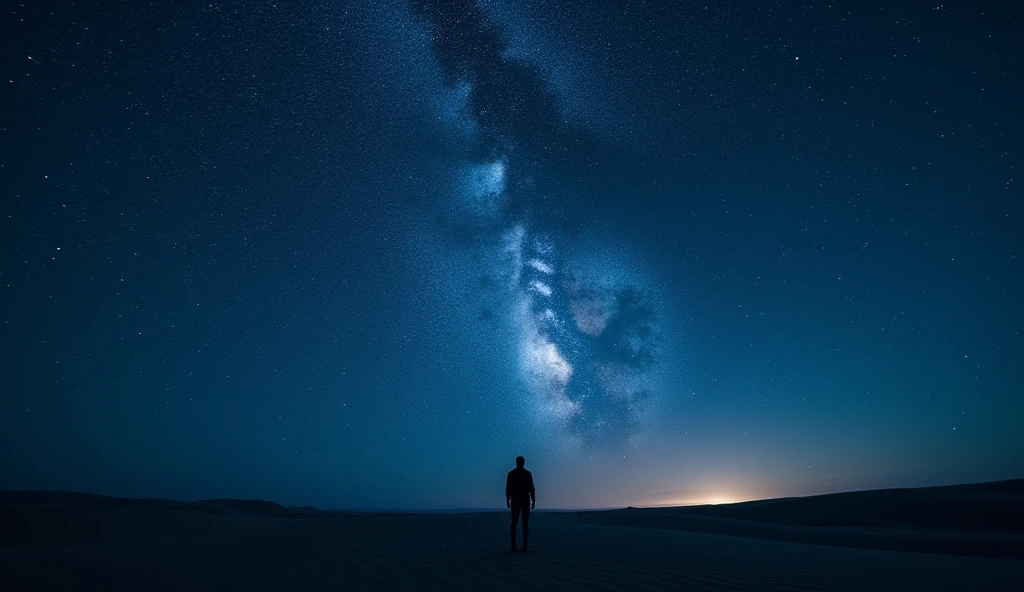 Imagine a clear night sky over a vast desert. The scene is set in a quiet, remote area with no light pollution, allowing the stars to shine brightly. The sky is a deep, velvety blue, dotted with countless twinkling stars that seem close enough to touch. The Milky Way stretches across the sky like a luminous ribbon, adding a mystical feel to the scene. The horizon is barely visible, with the desert landscape blending into the darkness, creating a sense of endless space. The atmosphere is calm and serene, with the silence of the night broken only by the occasional gentle breeze. The overall image exudes a sense of wonder and peace, capturing the vastness and beauty of the night with a person
